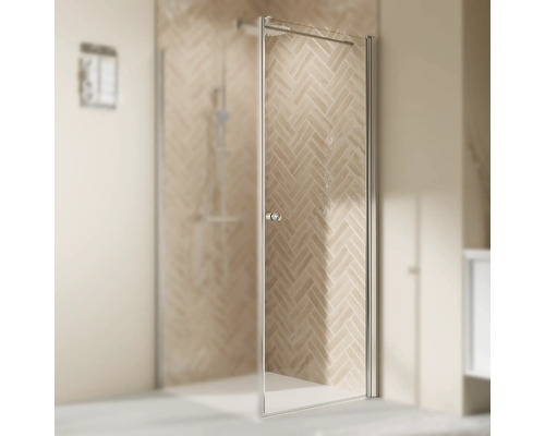 Duschtür für Seitenwand mit Drehtür BREUER Elana 2.0 Express Q72 90 x 200 cm Profil silber Klarglas schmutzabweisende Glasbeschichtung Türanschlag rechts Geöffnete Duschtür aus Glas mit Metallrahmen im Badezimmer