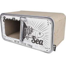 Katzenhaus in Sardinenbüchsenform mit Kratzbrett im Inneren