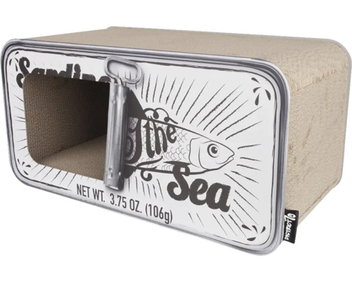 Katzenhaus in Sardinenbüchsenform mit Kratzbrett im Inneren