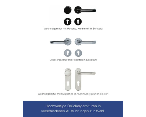 Türdrückergarnituren in verschiedenen Ausführungen: Kunststoffrosette, Edelstahldrückergarnitur, Aluminium Kurzschild