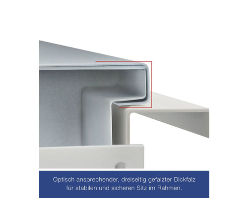 Detailansicht einer dreiseitig gefalzten, dicken Falz für einen stabilen und sicheren Sitz im Rahmen