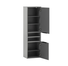 Grauer Badschrank mit offenen Türen und Regalen