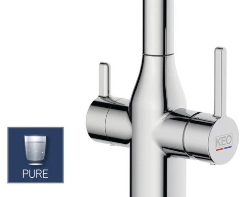 Nahaufnahme einer verchromten Küchenarmatur mit Hebeln und KEO-Logo