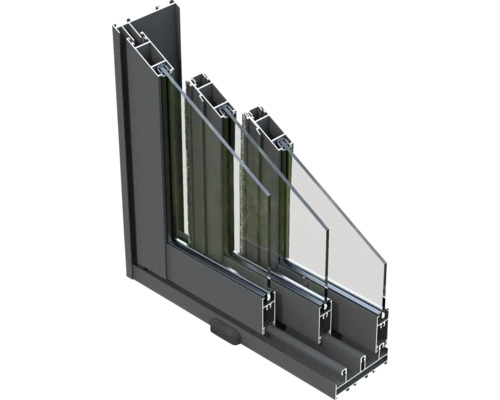 Schnittansicht eines Aluminiumfensters mit Dreifachverglasung