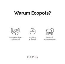 Vorteile von Ecopots: handgefertigte Oberfläche, langlebig und robust, für Innen- und Außenbereich geeignet.
