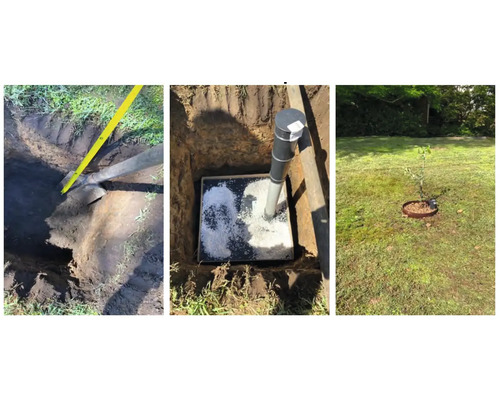 Dreiteiliges Bild: Drainagerohr in einem Graben, Kontrollschacht im Garten, junger Baum im Garten.