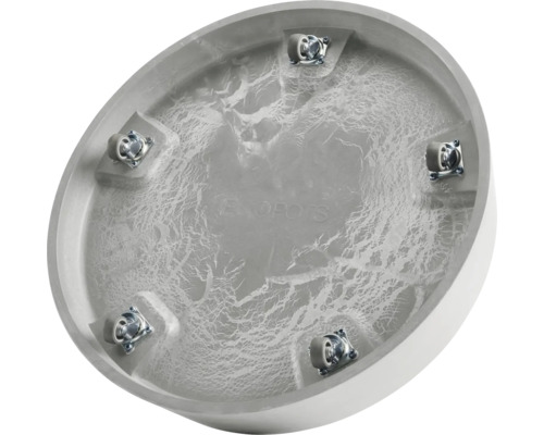 Unterseite eines runden Pflanzgefäßes mit Befestigungselementen