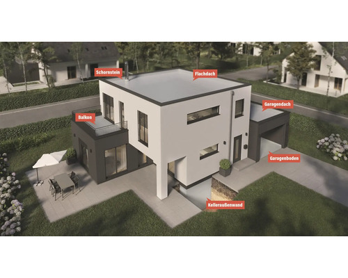 Ansicht eines modernen Hauses mit Flachdach, Garage, Balkon und Außenwand des Kellers