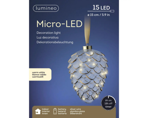 Lumineo Micro-LED Dekorationsleuchte mit 15 LEDs, 15 cm Durchmesser, Batteriebetrieb, Silberdraht und Timer für Innenräume