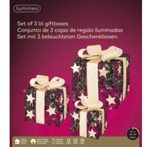 Set aus drei beleuchteten Geschenkboxen mit Sternen und Schleifen, batteriebetrieben