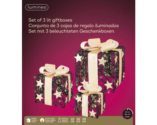 Set aus drei beleuchteten Geschenkboxen mit Sternen und Schleifen, batteriebetrieben