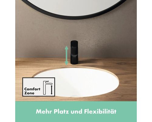 Waschtischarmatur mit ComfortZone und Pfeilen zur Darstellung von Platz und Flexibilität