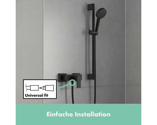 Schwarze Duscharmatur mit Brausestange zur Wandmontage