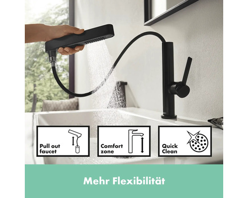 Hansgrohe Finoris Waschbeckenarmatur - Ausziehbar, Matt-schwarz, 1-Griff