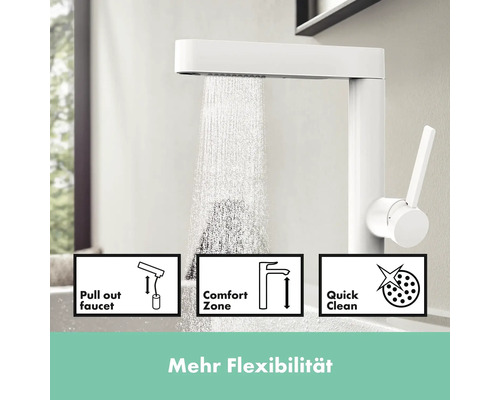 Weißer Waschbeckenhahn mit Ausziehfunktion, Komfortzone und Quick Clean Funktion.