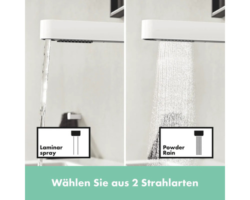 Duschkopf mit zwei Strahlarten: Laminarstrahl und Powder Rain