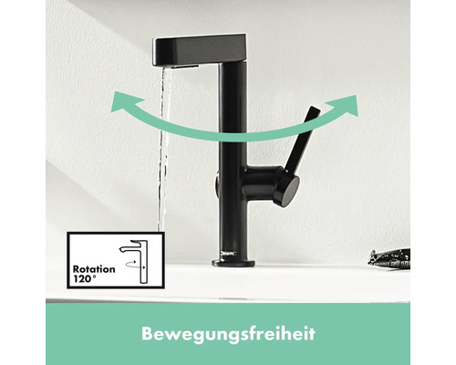 Schwarzer Wasserhahn mit 120 Grad Drehung und fließendem Wasser