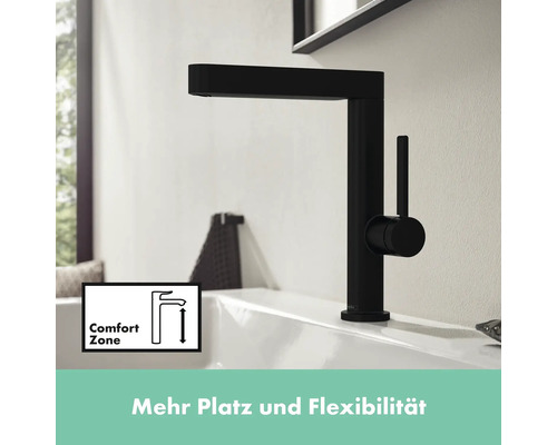 Schwarzer Waschtischmischer auf einem Waschbecken mit Komfortzonen-Symbol
