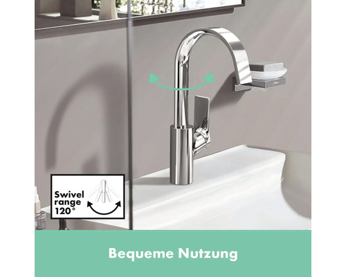 Waschtischarmatur mit schwenkbarem Auslauf und Seifenschale auf einem Waschbecken