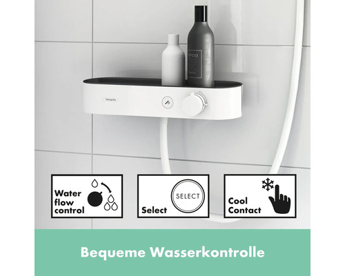 Duscharmatur mit Ablage und den Symbolen Wasserflusskontrolle, Select und Cool Contact.