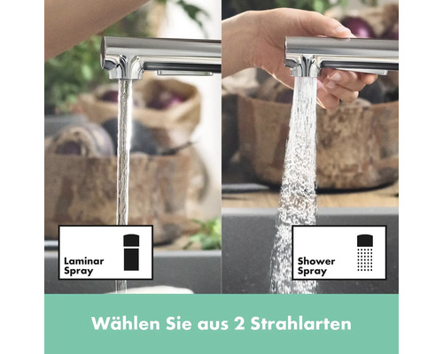 Küchenarmatur mit laminarer Strahlart und Brausestrahlart im Vergleich.