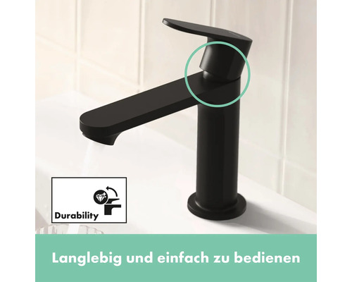 Schwarzer Waschtischmischer mit Symbol für Langlebigkeit