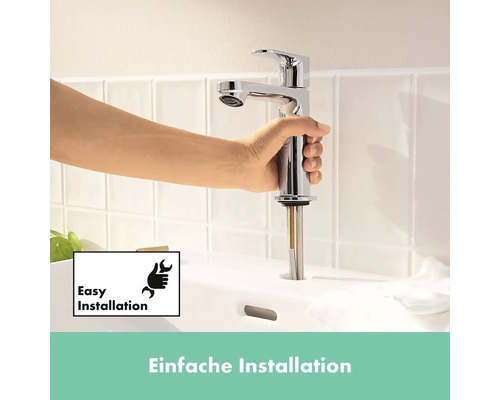 Installation einer Armatur im Badezimmerwaschbecken mit Symbol für einfache Installation