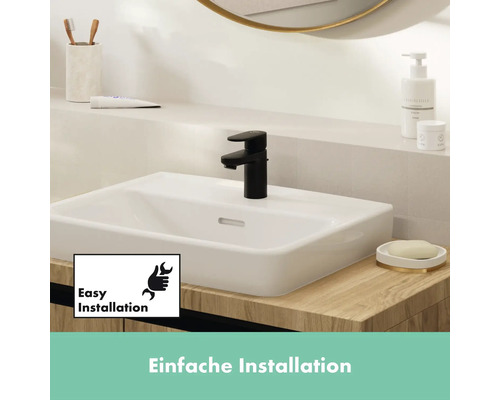 Waschbecken mit Armatur und Symbol für einfache Installation