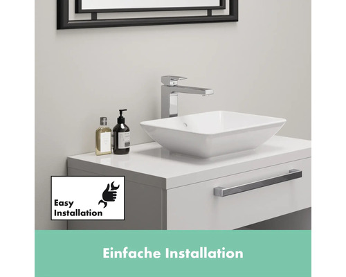 Waschtisch mit Aufsatzwaschbecken, Armatur und Symbol für einfache Installation