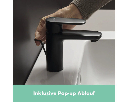 Schwarze Waschtischarmatur mit Pop-Up Ablauf im Badezimmer