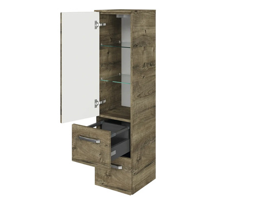 Hochschrank mit Tür, Schubladen und Glasböden im Badezimmer