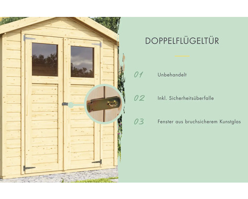 Doppelflügeltür eines Gartenhauses mit Fenstern aus bruchsicherem Kunstglas und Sicherheitsüberfalle