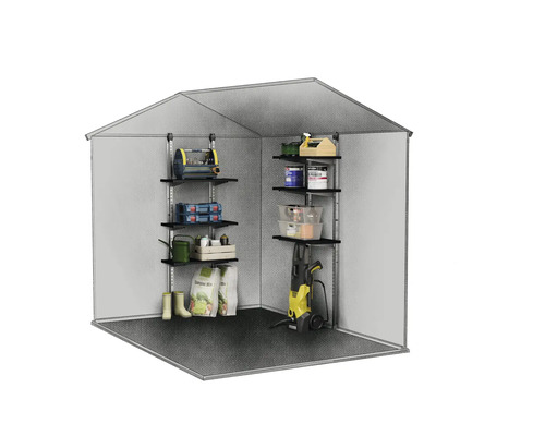 Gartenschuppen Innenraum mit Regalen zur Aufbewahrung von Gartengeräten