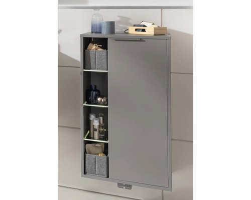 Grauer Badhängeschrank mit Regalen und Aufbewahrungsboxen