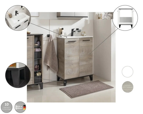 Badezimmer mit Waschtischunterschrank, Waschbecken, Badteppich und Hochschrank