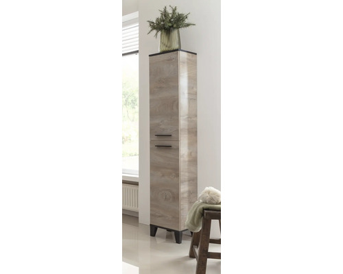 Hochschrank im Badezimmer mit zwei Türen und Holzoptik