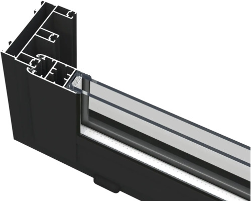 Querschnitt eines schwarzen Aluminiumfensters mit Glas