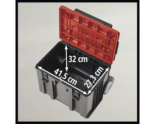 Geöffnete Werkzeugkiste mit den Maßen 41,5 cm Länge, 27,3 cm Breite und 32 cm Höhe.