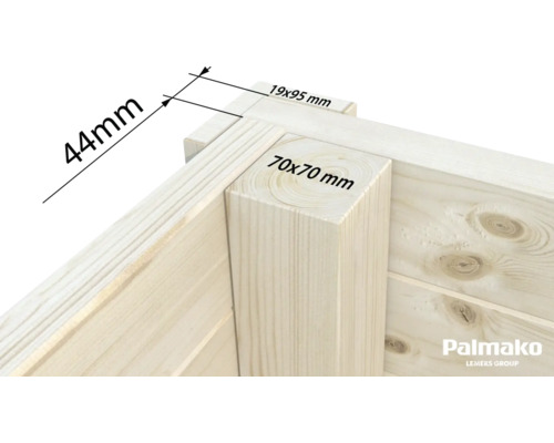 Detailansicht einer Holzecke mit Maßangaben: 44 mm, 19 x 95 mm und 70 x 70 mm.