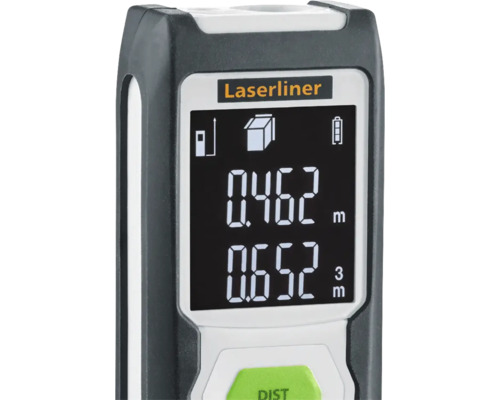 Laserliner Logo. Anzeige eines Laser-Entfernungsmessers mit Messwerten.