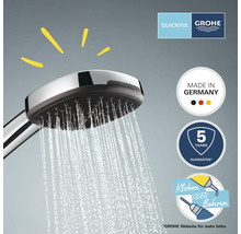 Grohe Handbrause mit Wasserstrahl, Quickfix Logo, Grohe Logo, Made in Germany Siegel, 5 Jahre Garantie Siegel, Kleben oder Bohren Symbol