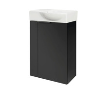 Waschtischunterschrank mit einem Waschbecken aus Keramik