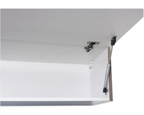 Detailansicht eines geöffneten Schranks mit Scharnier und Gasdruckfeder