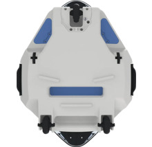 Unteransicht eines Geräts mit Rollen und Tragegriffen.