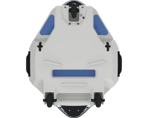 Unteransicht eines Geräts mit Rollen und Tragegriffen.