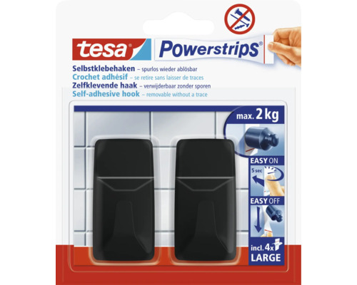 Tesa Powerstrips selbstklebende Haken, spurlos entfernbar, 2 Kilogramm maximale Last, inklusive vier großen Klebestreifen