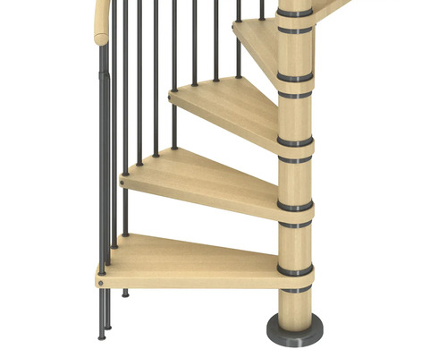 Detailaufnahme einer Wendeltreppe mit Holzstufen und Metallgeländer