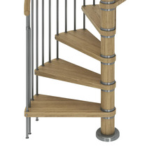 Detailansicht einer Wendeltreppe mit Holzstufen und Metallgeländer.