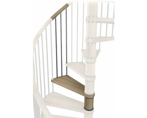 Detail einer Wendeltreppe mit Holzstufen und Metallgeländer