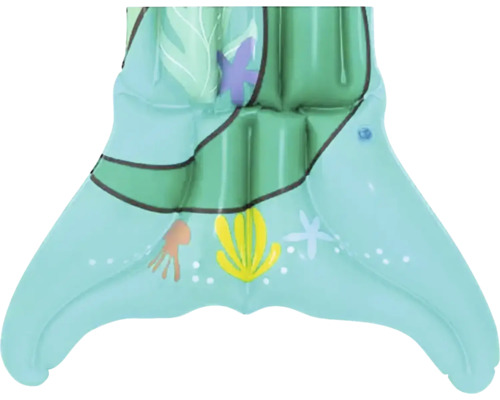 Detail einer aufblasbaren Meerjungfrauenflosse mit Meeresmotiven